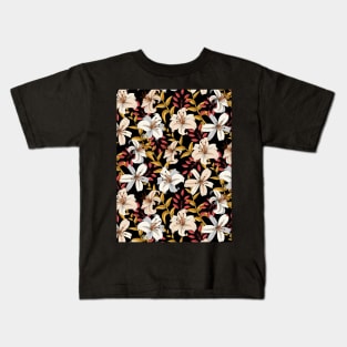 Lily Flower Pattern On Black Kids T-Shirt
